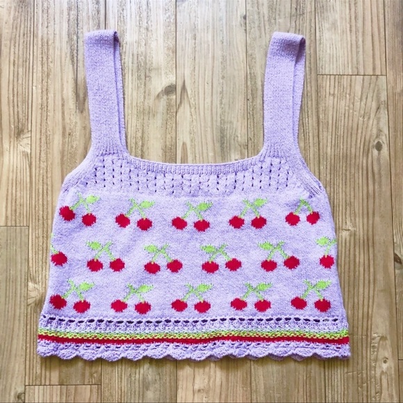 Zara Lilac Lavender Retro Cherry Crochet Square Neck Jacquard Knit Cropped Top S - Picture 3 of 5